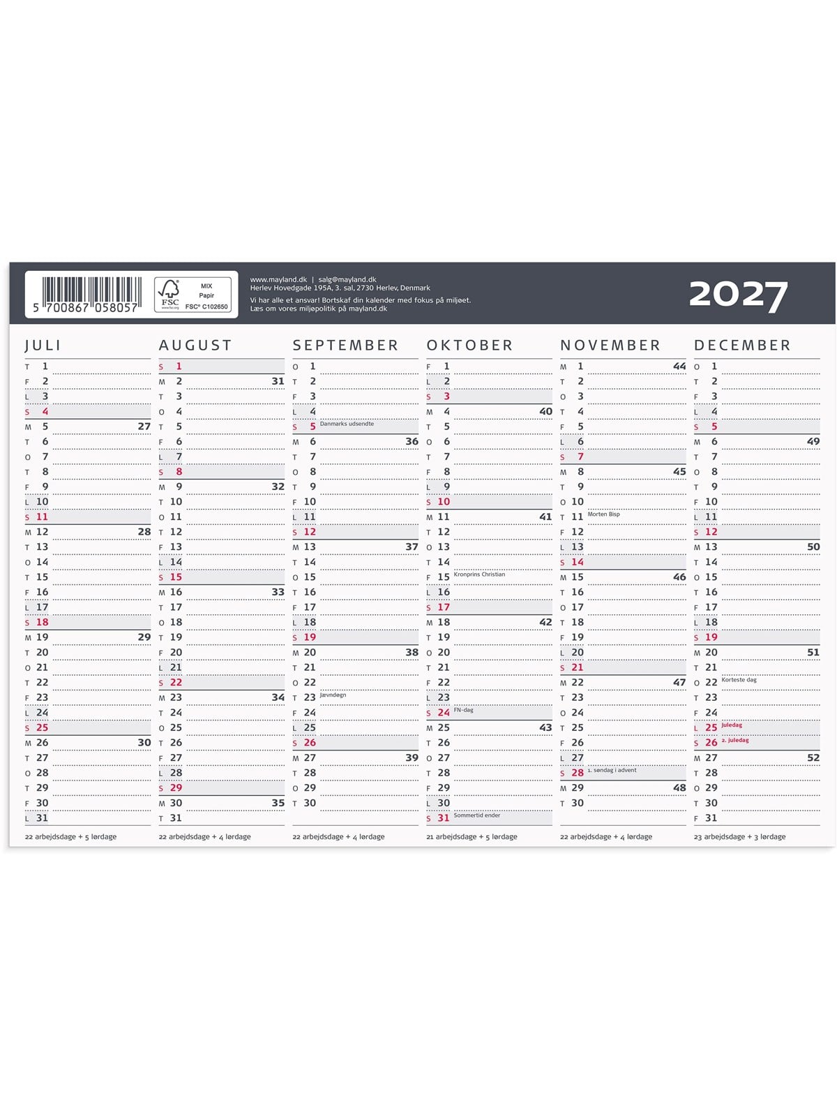 Mayland Kontorkalender Moderne A5 2027