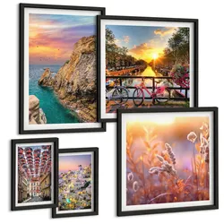 BILDER SET 5er Set - 50x50 cm & 20x30 cm & 40x60 cm Schwarzer Rahmen - Sonnenuntergänge am Meer