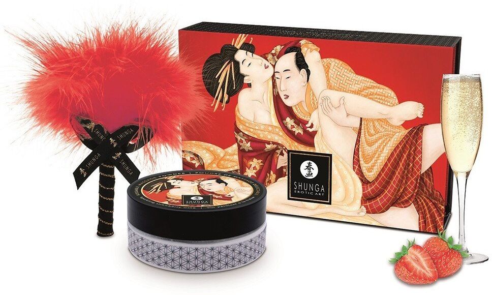 Shunga Mini Coffret poudre corporelle fraise/vin pétillant et plumeau assorti