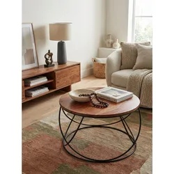Couchtisch Braun Sheesham Massivholz Metall 60x40x60 cm Rund Modern Industrial