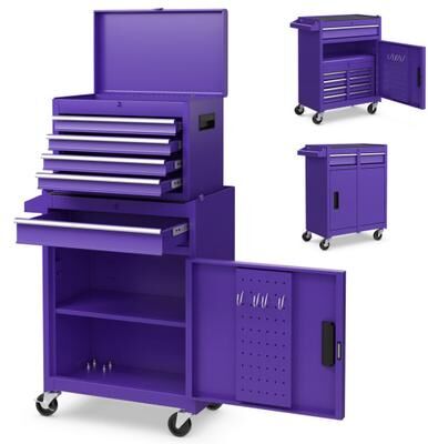 Costway 2-in-1 Rolling Tool Chest with 5 Sliding Lockable Drawers-Purple