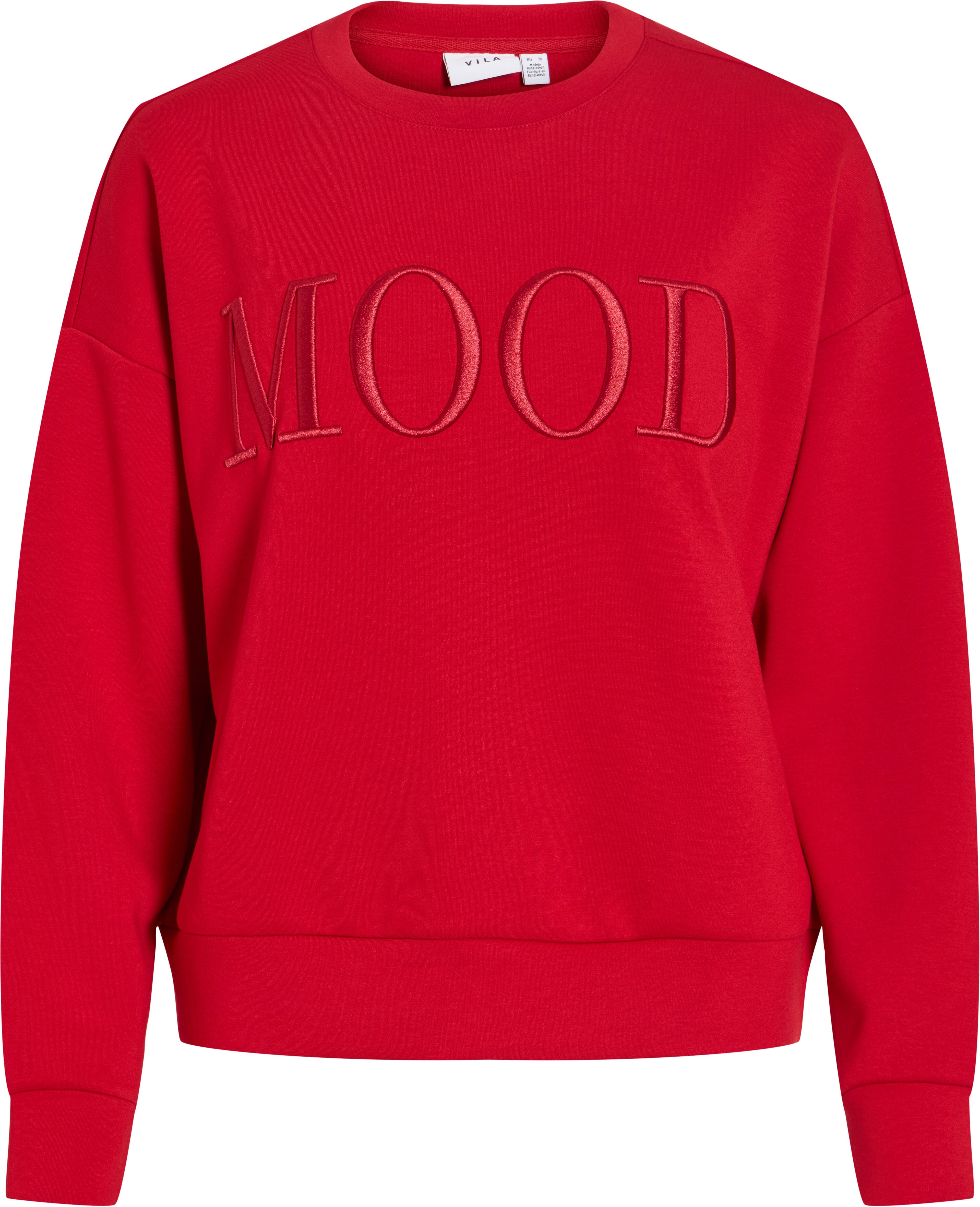 Sweater VILA "VIREFLECT MOOD EMB L/S SWEAT TOP/R/3", Damen, Gr. S, rot (savvy rot), Sweatware, Obermaterial: 73% Polyester, 22% Viskose, 5% Elasthan, unifarben, loose fit normal, Rundhals, Rippbündchen, Sweatshirts Sweater, Materialmix, loose fit savvy ro