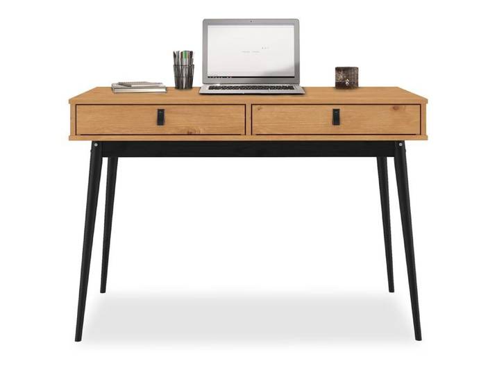 Bureau WANDA avec 2 tiroirs en pin massif Bureau en bois Coloris chêne et noir