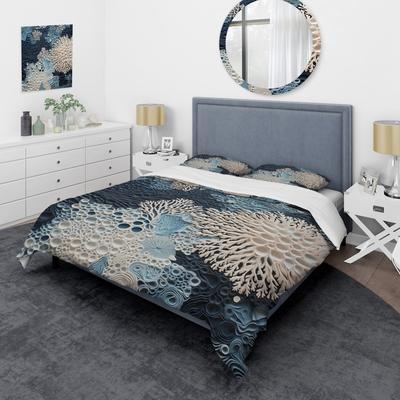 DESIGN ART Under Water Blue And White Corals Collage - Coastal Bedding Cover Set - Nautical & Coastal Bed Sets With Shams