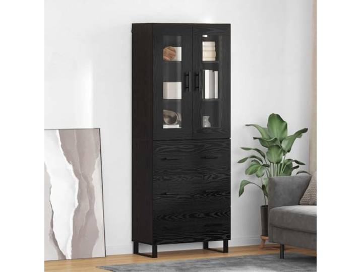 RJPLMFV Oberschrank, 2 Stück, schwarze Eiche, Spanplatte und Glas Esszimmermöbel, Doppeltüren, Bargriffe, Regale, Industriestil