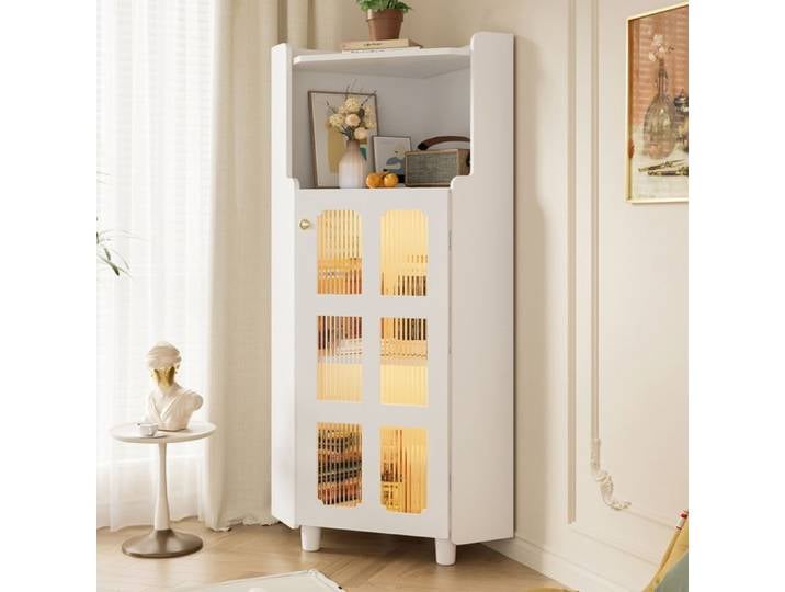 ROVRYN vitrine d'angle LED 63 5 x 45 x 124 cm blanche laquee en MDF avec controle par application
