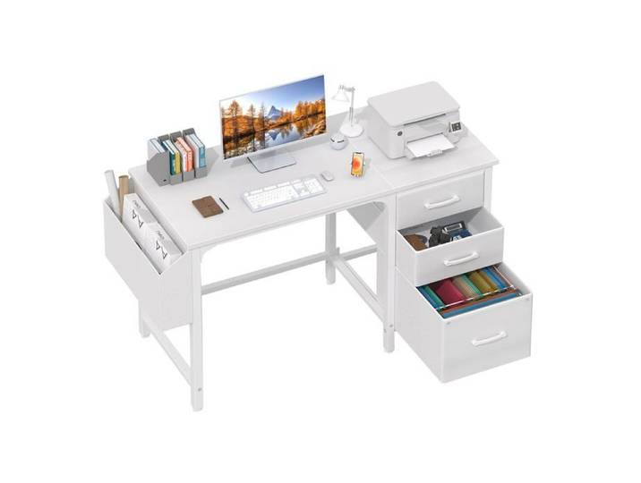 Bureau Blanc avec Rangement et Tiroir - 120 cm Bureau Ordinateur Gaming Compact pour Chambre Enfant et Ado