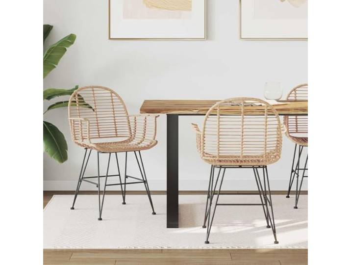 HGPOTUY Esszimmerstuhl 2 STK. Rattan und Eisen Natur Mit Fußstütze, geschwungene Armlehnen, handgewebte Rückenlehne, stabiler Eisenrahmen, für Küche und Wohnzimmer