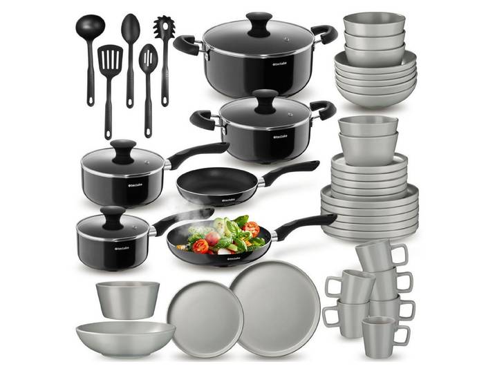 tectake Kochbesteck-Set Küchen Grundausstattung mit Steingut-Geschirr und Alu-Kochgeschirr (Una/Varese - für Induktionsherde geeignet, 45-tlg., in Grau/schwarz), Inkl. Küchenwerkzeuge, hitzebeständig, kratzfest, leichte Reinigung