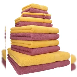 Betz 12-tlg. Handtuch-Set PREMIUM 100% Baumwolle 2 Duschtücher 4 Handtücher 2 Gästetücher 2 Seiftücher 2 Waschhandschuhe honiggelb/beere
