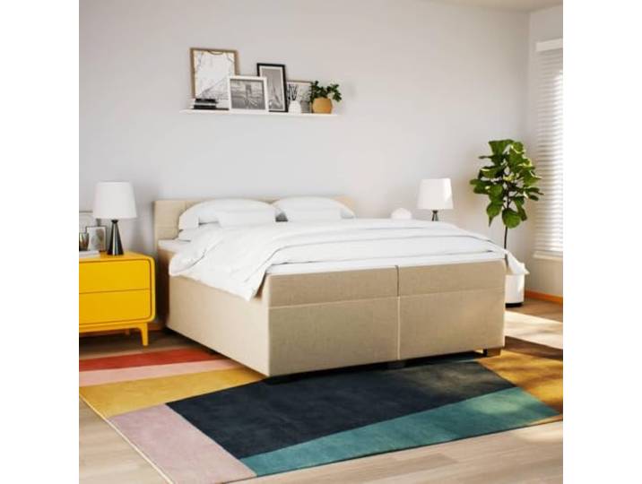 KTHLBRH Boxspringbett mit Matratze Creme 200 x 200 cm aus Stoff Lattenrost inklusive, 2 Matratzen 100 x 200 cm, waschbarer Matratzenbezug, mittlere Unterstützung