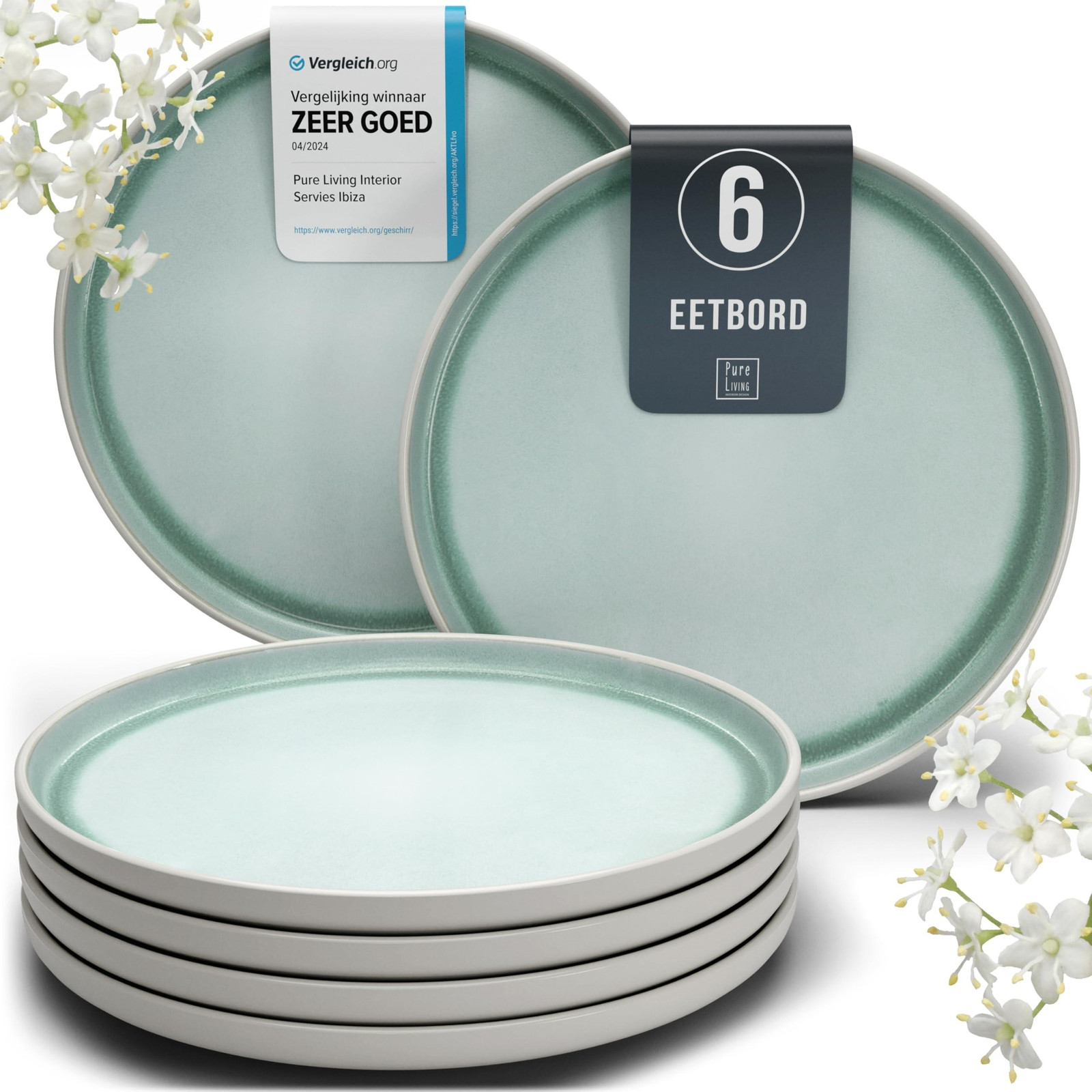 Set van 6 grote steengoed borden van Elzusha in licht turquoise