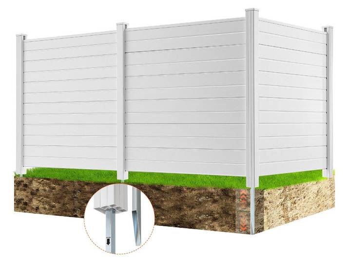 VEVOR 3xPanneaux Clôture de jardin 122x122cm Clôture pare-vue PVC et piquet de terre en tôle galvanisée Clôture brise-vent Poteaux métalliques jusqu'à 50cm Clôture à lames Clôture à emboîter Clôture pare-vue idéale pour équipement de piscine Climatiseurs