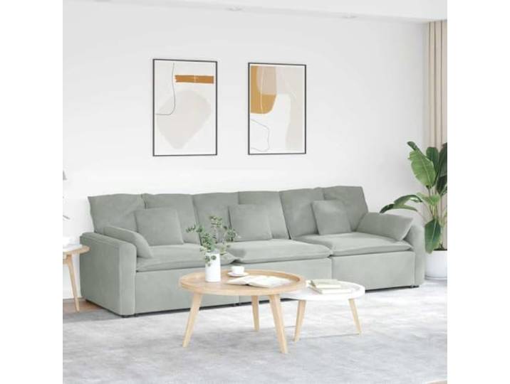 Modulares Sofa Hellgrau mit Kissen, 3-teilig, Samtstoff mit Metallrahmen Samtbezug, Metallrahmen, Holzarmlehnen, Textilene-Sitzflächen, flexible Modul-Anordnung