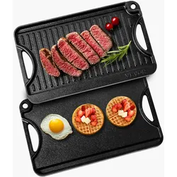 VEVOR wendbarer Grillplatte Bratpfanne Griddle aus Gusseisen (185 x 342 mm), tragbare rechteckige BBQ Pfanne mit Griff, Familienkochgeschirr für Herdplatten drinnen/draußen Grill, schwarz