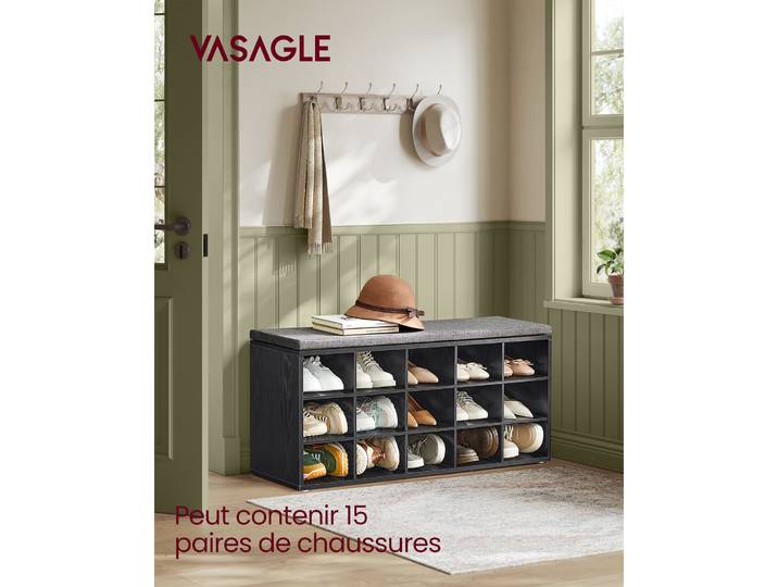 VASAGLE Banc à Chaussures, Organiseur de Chaussures avec 15 Compartiments, Siège Rembourré, pour Entrée, Couloir, Placard