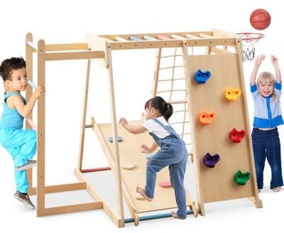 Costway Kids Indoor Playground 6-in-1 Jungle Gym for 3-14 Years Olds-Macaron