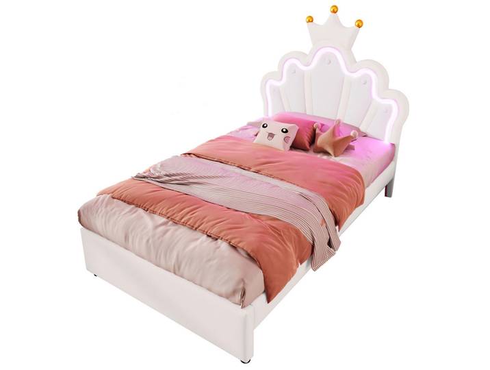 Gisaae Polsterbett 90x200 Kinderbett LED Licht Prinzessinnenbett Schubladen, Weiß, Schlafzimmer, Betten