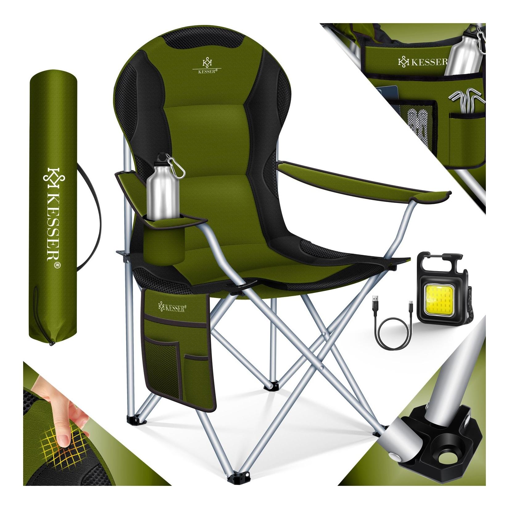 KESSER® Campingstuhl faltbar bis 150 kg Angelstuhl Faltstuhl Klappstuhl Gepolstert mit Armlehnen, Getränkehalter + Tasche mit hoher Rückenlehne, Strandstuhl, Klapphocker