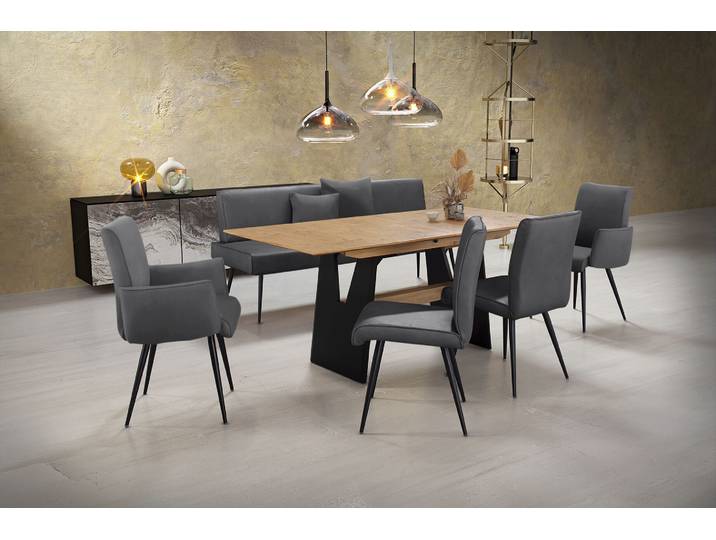 Essgruppe, Leder CLOUD, Grau, 200×62 cm, Ausziehbar, 6-Sitzer, K+W