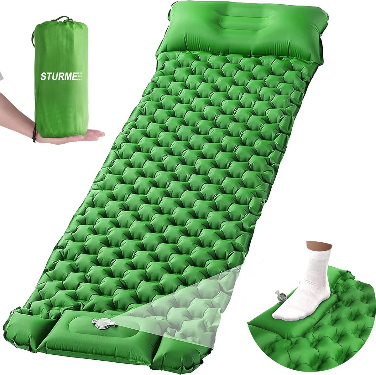 Zelfopblazende camping isomat met voetdrukpomp en kussen, ultralicht opblaasbaar luchtmatras voor outdoor en tuin, groen