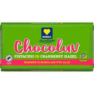 Edeka Tafelschokolade Herzstücke Chocoluv, Pistachio in Cranberry Hazel, 150 g
