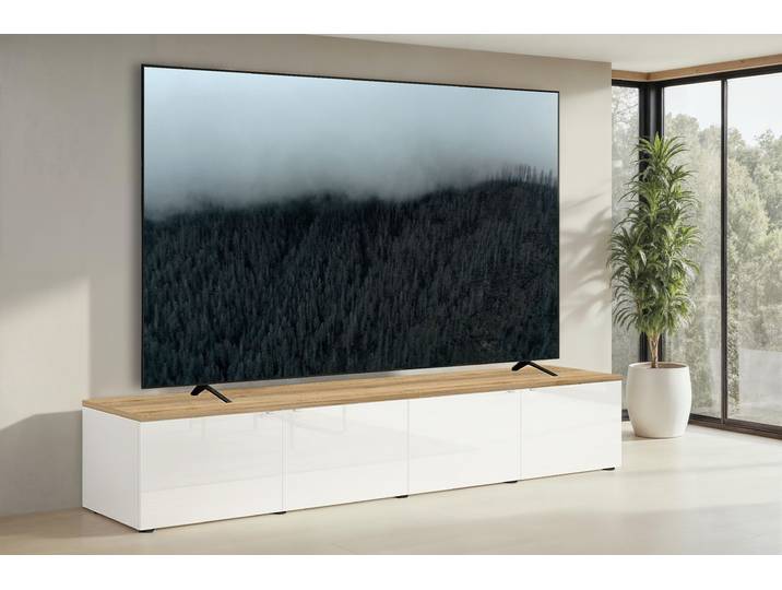 Lowboard GOODPRODUCT Easy, 245 cm breit, 47 cm tief, 4 Türen, Top 22 mm stark, Mediaboard , weiss (weiß hochglanz lack, eiche cadiz dekor), B:245cm H:43cm T:47cm, Sideboards, Lowboard, Top 22 mm stark, Metallgriffe, geeignet für bis zu 98-Zoll-TV