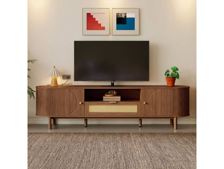 Meuble TV 175cm - Effet Noyer - Design Incurvé & Moderne - Portes Arrondies & Tiroirs - Grand Rangement Salon
