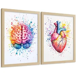 POSTER Set aus 2 Anatomie Drucke und Wandbilder mit Gehirn und Herz Künstlerische Mehrfarbig Aquarell Illustration Größe Leichter Holzrahmen A4