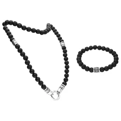 SET Lavastein Kugelkette + Kugelarmband CHIRURGENSTAHLSEGMENTE