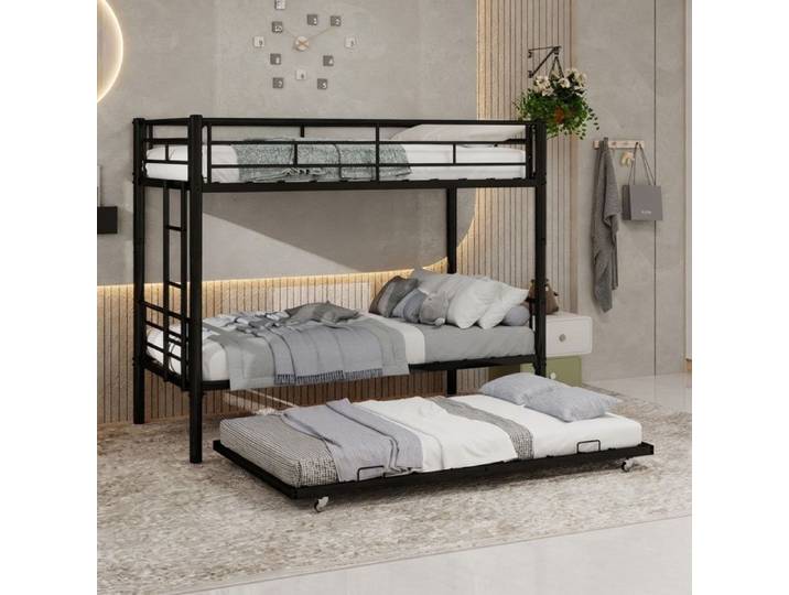 Lit superposé en métal 3 places - URTR - 2×90×190 cm - lit gigogne 90×180 cm - avec barrières de sécurité - sans matelas - noir