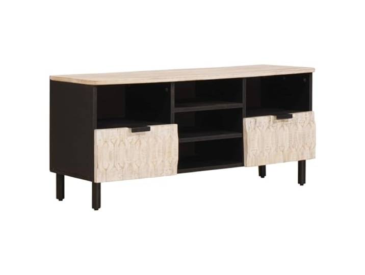 GHVBNMF TV-Schrank Massivholz Mango Fernsehtisch 100x33x46 cm Stabiles Lowboard mit 2 Schubladen und Fach im Wohnzimmer, belastbar bis 60 kg für Mediengeräte und Unterhaltung.