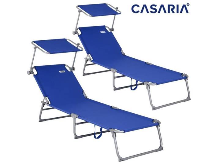 Casaria 2x Chaise longue pliable Hawaii Bleu transat avec pare-soleil bain de soleil pour plage jardin camping transport