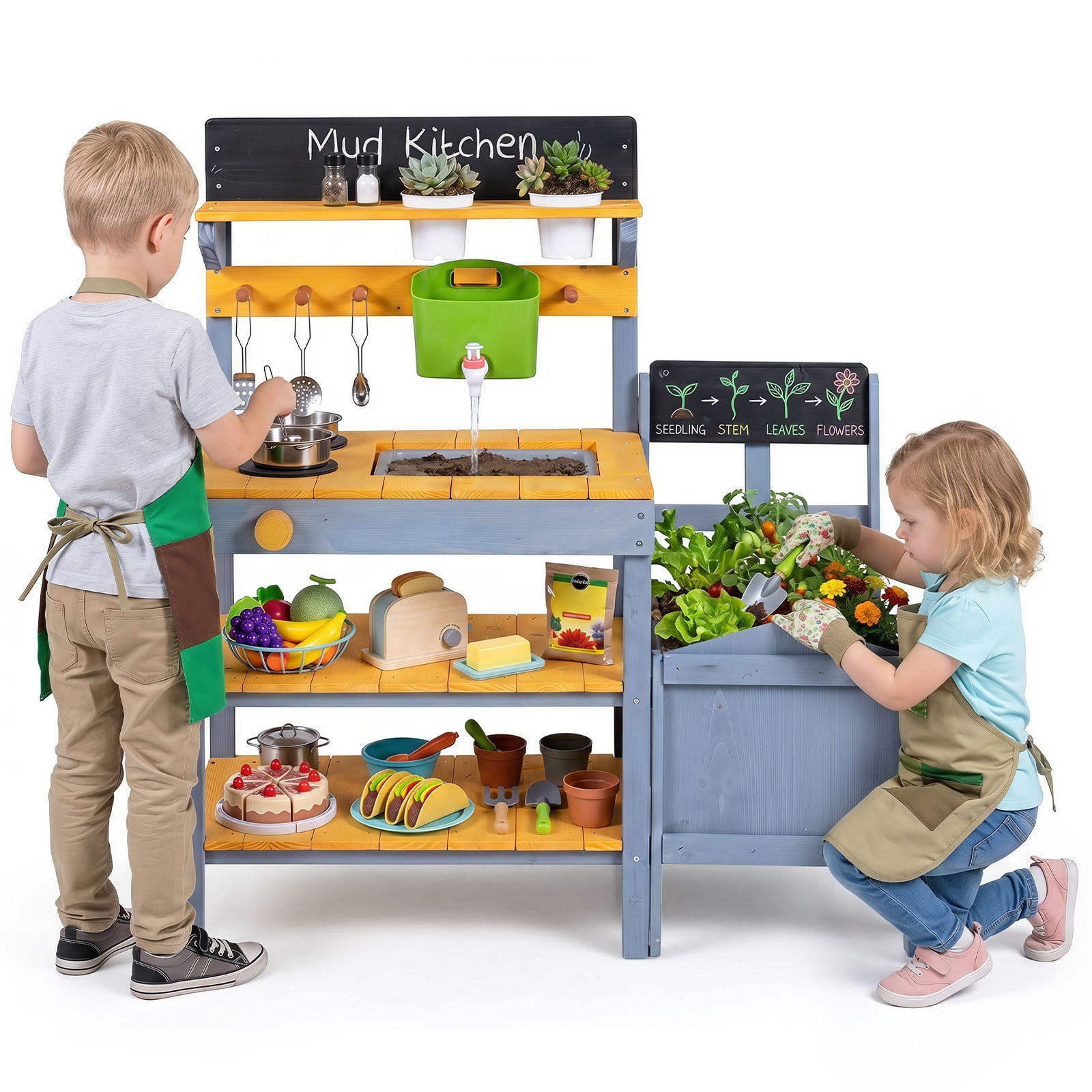 Costway Speelkeuken voor Kinderen met Fornuis en Plantenbak, Geel