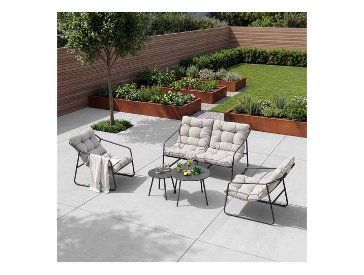 en.casa Sitzgruppe, (5-tlg), »Kivanta« Sitzbank Stühle mit Kissen Tische Stahl Dunkelgrau/Beige
