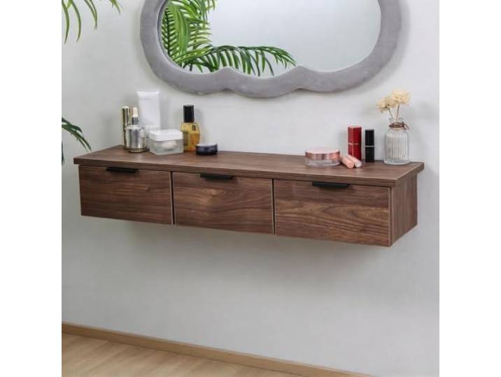 Schwebender Schminktisch, Schminktisch Wandmontage, Holz mit Schubladen 3 Aufbewahrungsschubladen, Vormontiert und Platzsparend für Schlafzimmer, Wohnzimmer und Arbeitsbereich(D)