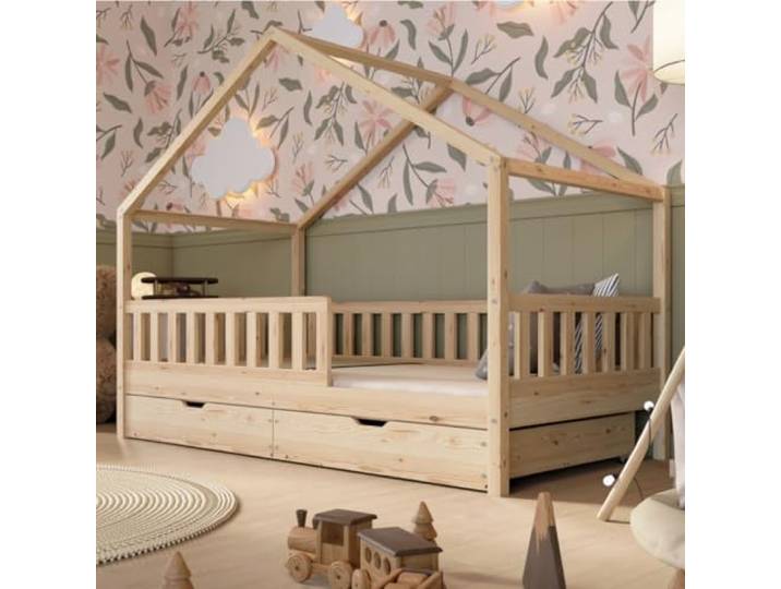 Crazy Pine Montessori Hausbett mit Schubladen Crazy House 80x160 cm - Natur