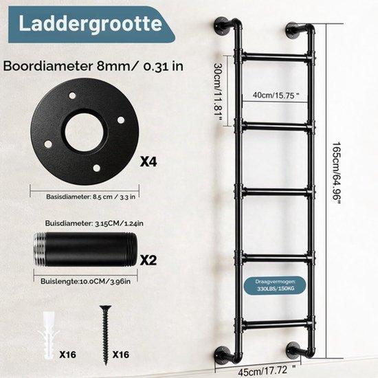 5-stufige Treppenleiter für Stapelbetten, 1,65 x 0,46 m, Wandmontage, Kellerfenster, Notausgang, aus schwarzem Schmiedeeisen, industrielle Rohre, Belastbarkeit: 150 kg, für Innen- und Außenbereich, geeignet für Dachböden, Schlafsaale, Wohnmobile, Wandmontage (1,65 m)