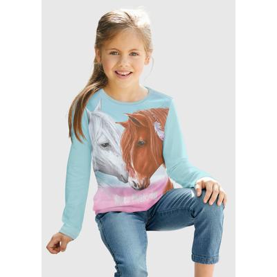 Langarmshirt MISS MELODY, Mädchen, Gr. 104/110, grün (mint), Jersey, Obermaterial: 100% Baumwolle, bedruckt, Basic hüftlang, Rundhals, abgesteppte Kante, Shirts Langarmshirt, für Pferde-Fans