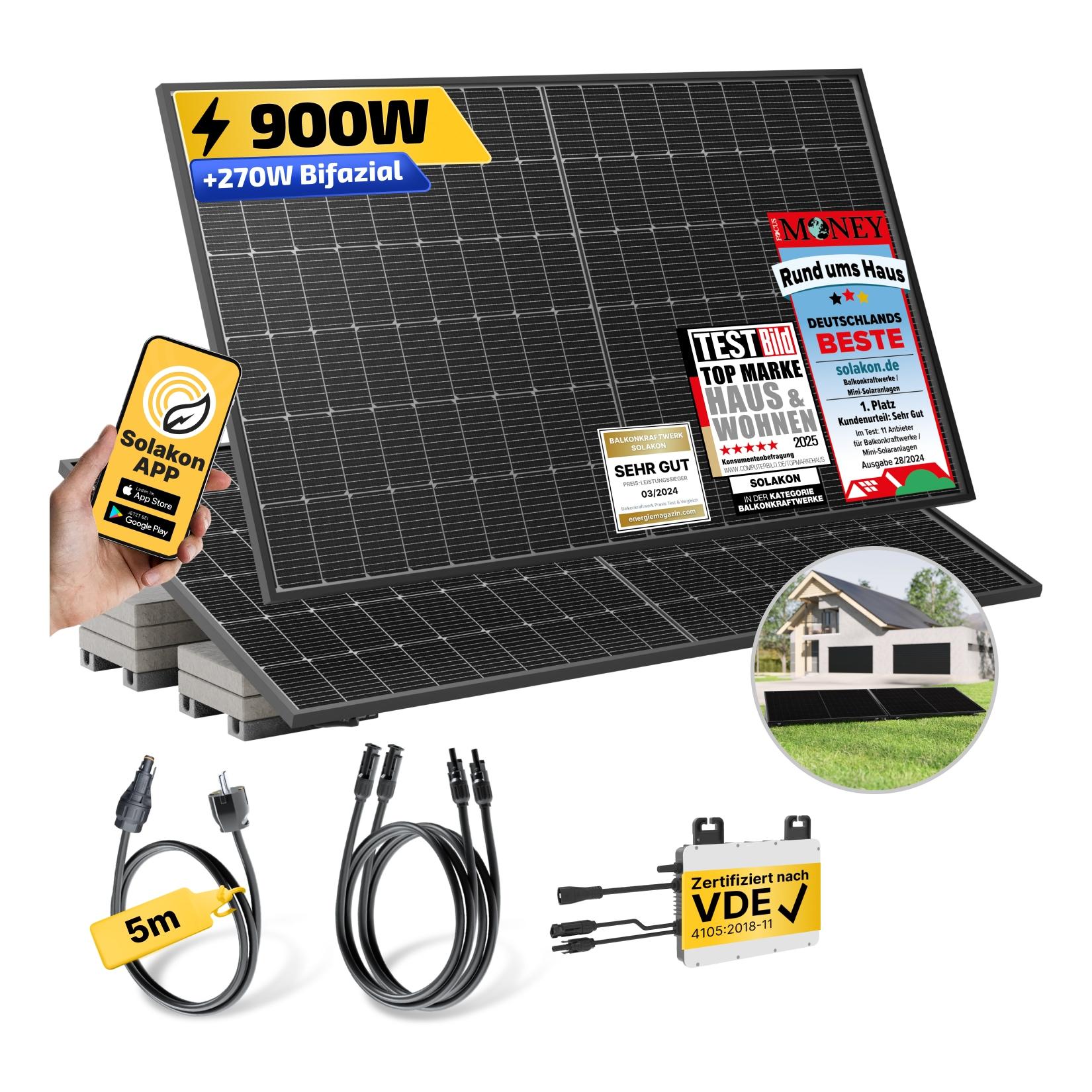 Balkonkraftwerk 900W/800W Solaranlage mit Garten Halterung Steckerfertig WIFI Komplettset Photovoltaik Anlage 800W, Kabellänge: 5m