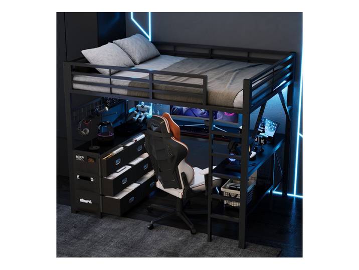 Flieks Hochbett Metallbett 140x200cm mit Schrank, Schreibtisch, Ablage, LED-Leiste