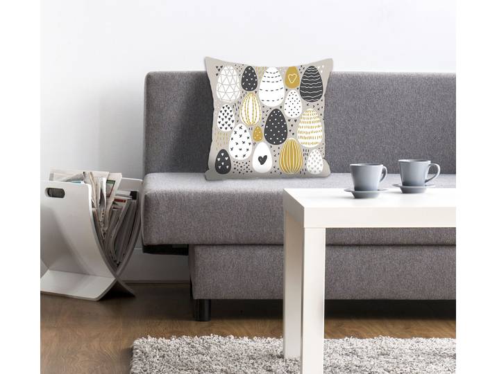 Dekokissen QUEENCE Easteregg , gelb (weiß, senf, grau, bedruckt), B:40cm L:40cm, Polyester, Dekokissen_Sitzkissen_Kissenhüllen, Dekokissen, mit bunten Ostereiern