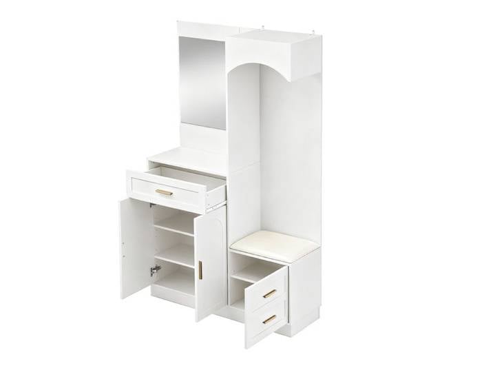 Garderobe Moderne Compacte 110x33x185.5 cm - Entrée avec Miroir Armoire à Chaussures Banc et 2 Tiroirs Blanc MDF