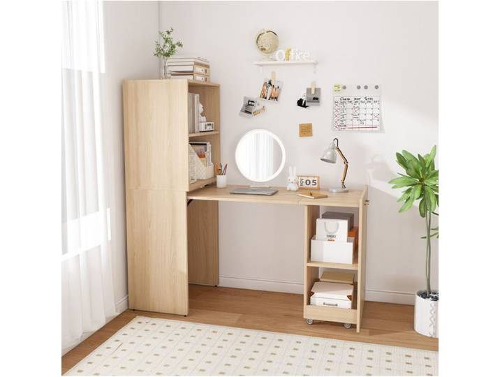 WUVRIE Bureau escamotable avec rangement plateau coulissant MDF aspect bois naturel