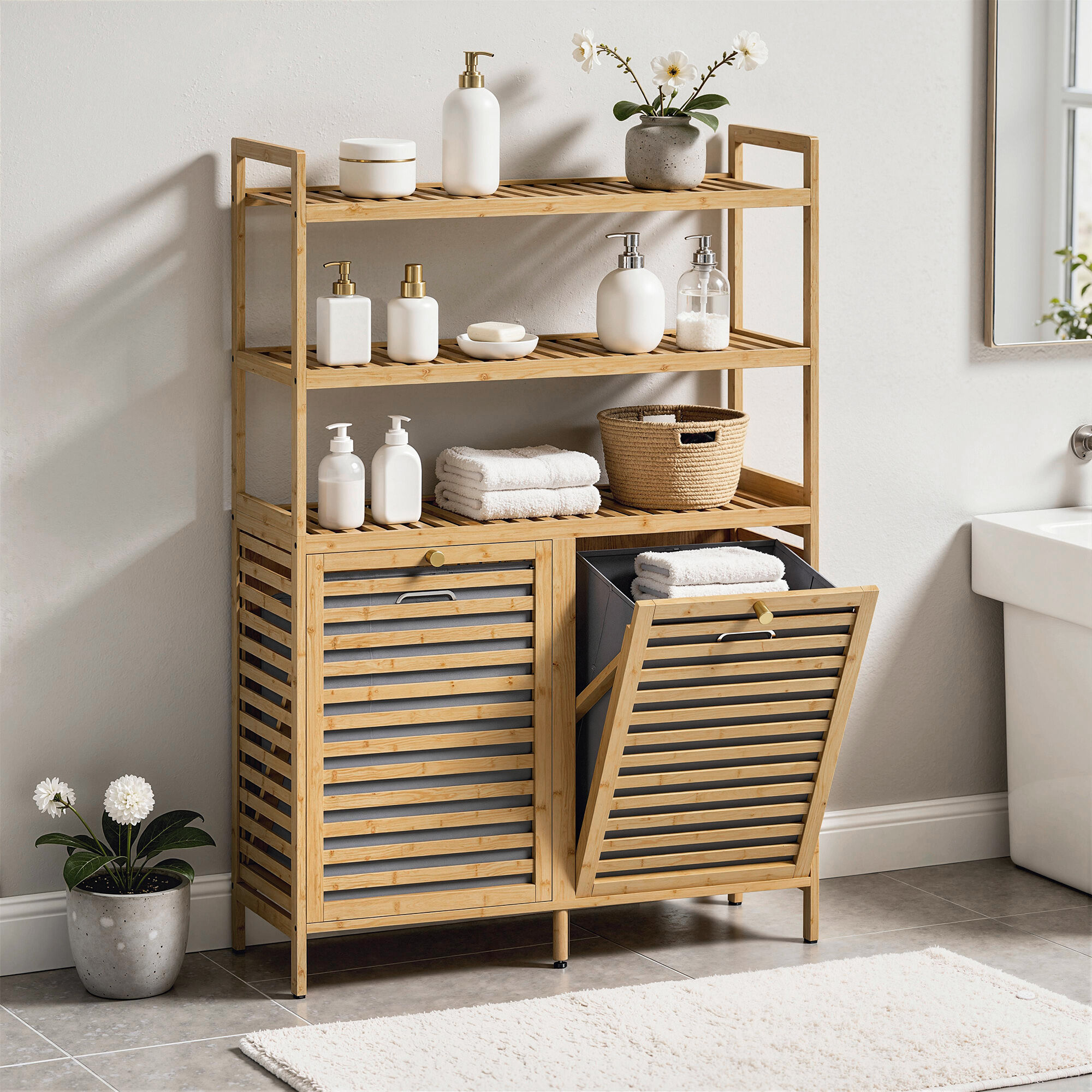 Altro Mobile Porta Biancheria Doppio Inclinabile, Bambù, 2 Cesti, 3 Ripiani, Colore Rovere