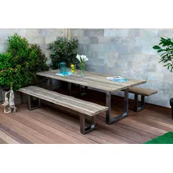 OUTFLEXX Garten-Essgruppe, silber/natur, Edelstahl/recyceltes Teak, Esstisch 240x100cm, 2x Bank 240x40cm, Baumkante, FSC®-zertifiziertes Produkt