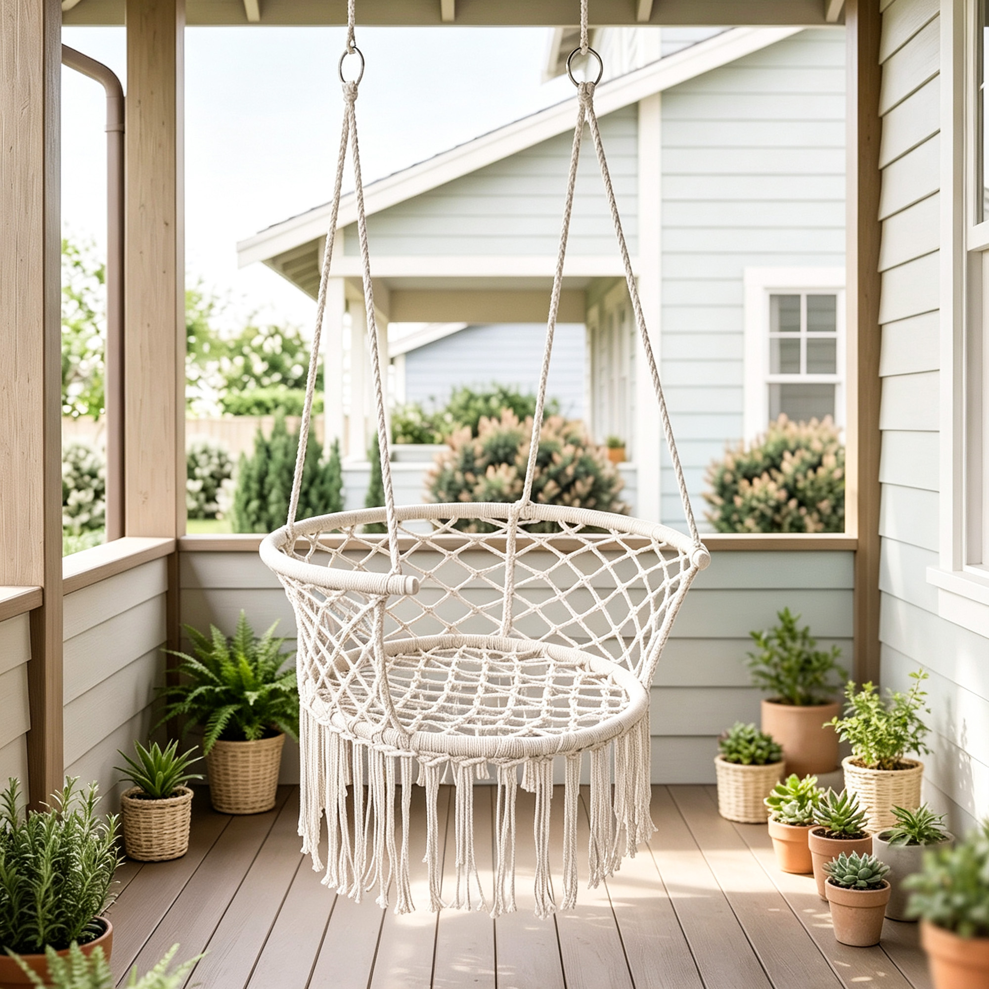 Outsunny Amaca Stile Boho Chic Sedia Sospesa Poliestere e Macramè, per Relax, 80x60x36cm - Crema Aosom