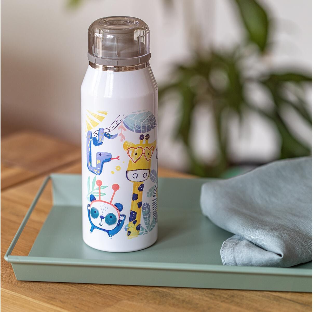 Thermoflasche ALFI "Kids Crazy Jungle 350 ml", bunt (weiß), Trinkflaschen, 350ml, Edelstahl, Thermoflasche weiß 350ml