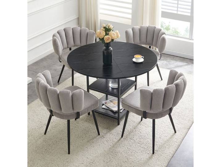 SENVIRO Ensemble table et chaises table ronde 107 cm avec rangement 4 chaises grises dossier fleur noir et gris