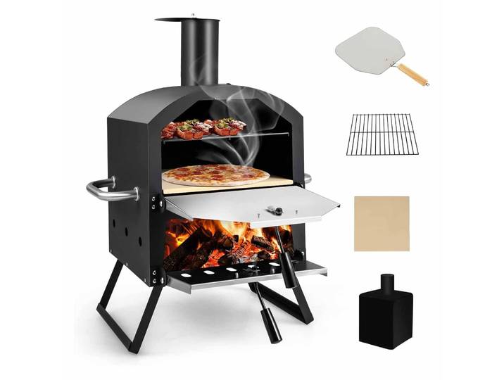 Four à pizza d'extérieur, four à pizza à 2 étages avec grille de cuisson, pierre à pizza, pelle à pizza, housse imperméable, poignées résistantes à la chaleur